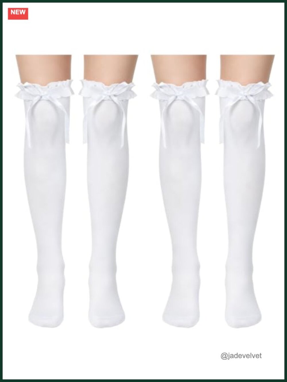 2 Pairs White Over Knee Thigh High Socks with Bows Lace Trim Cotton